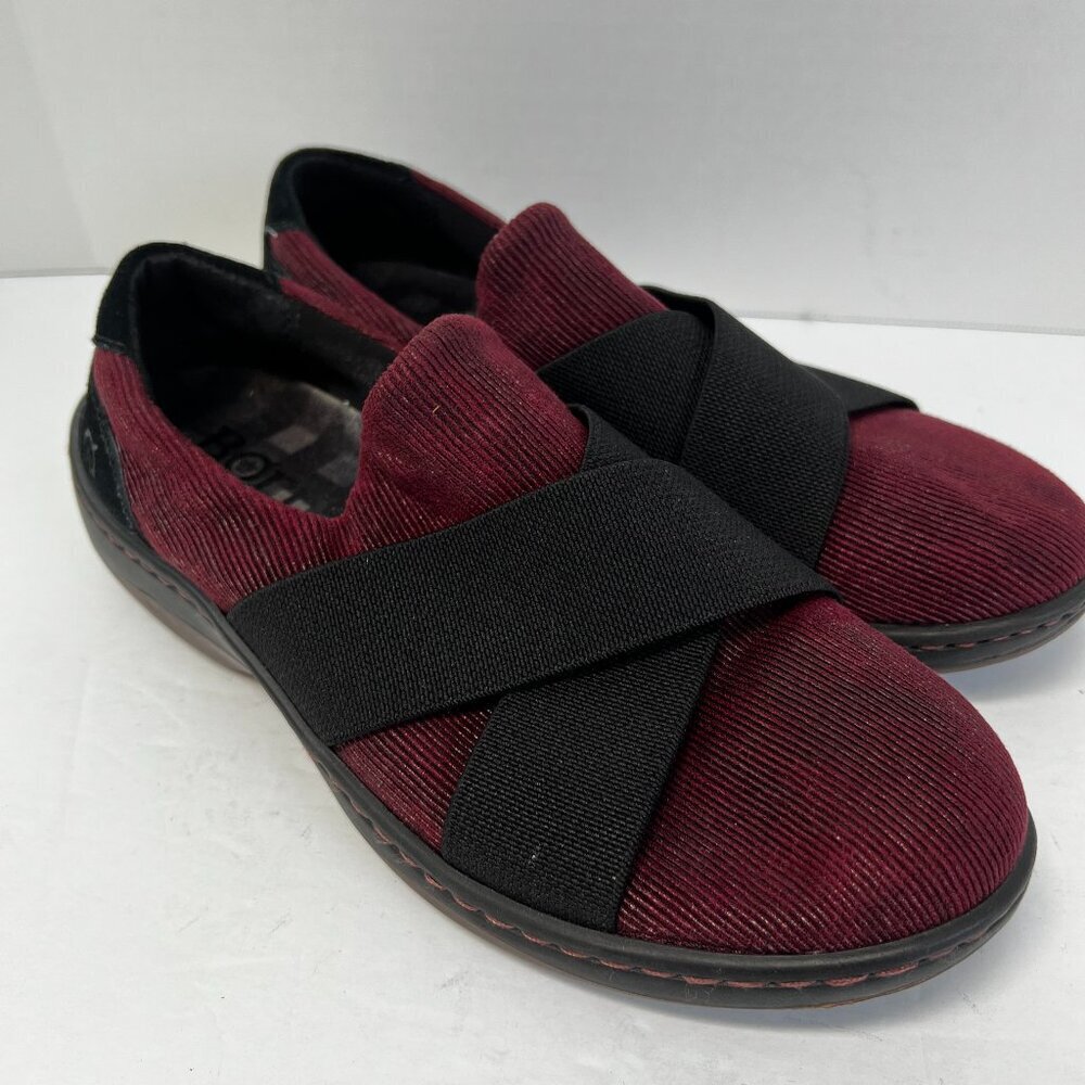 Born‎ Womens 8 Banshee Slip On Casual Comfort Shoes Burgundy & Black Stretch